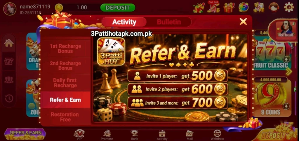 Referral Bonus in 3 Patti Hot Game
