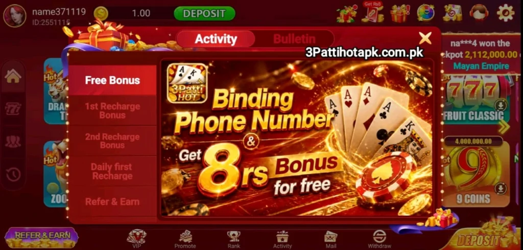 Welcome Bonus in 3Patti Hot Game